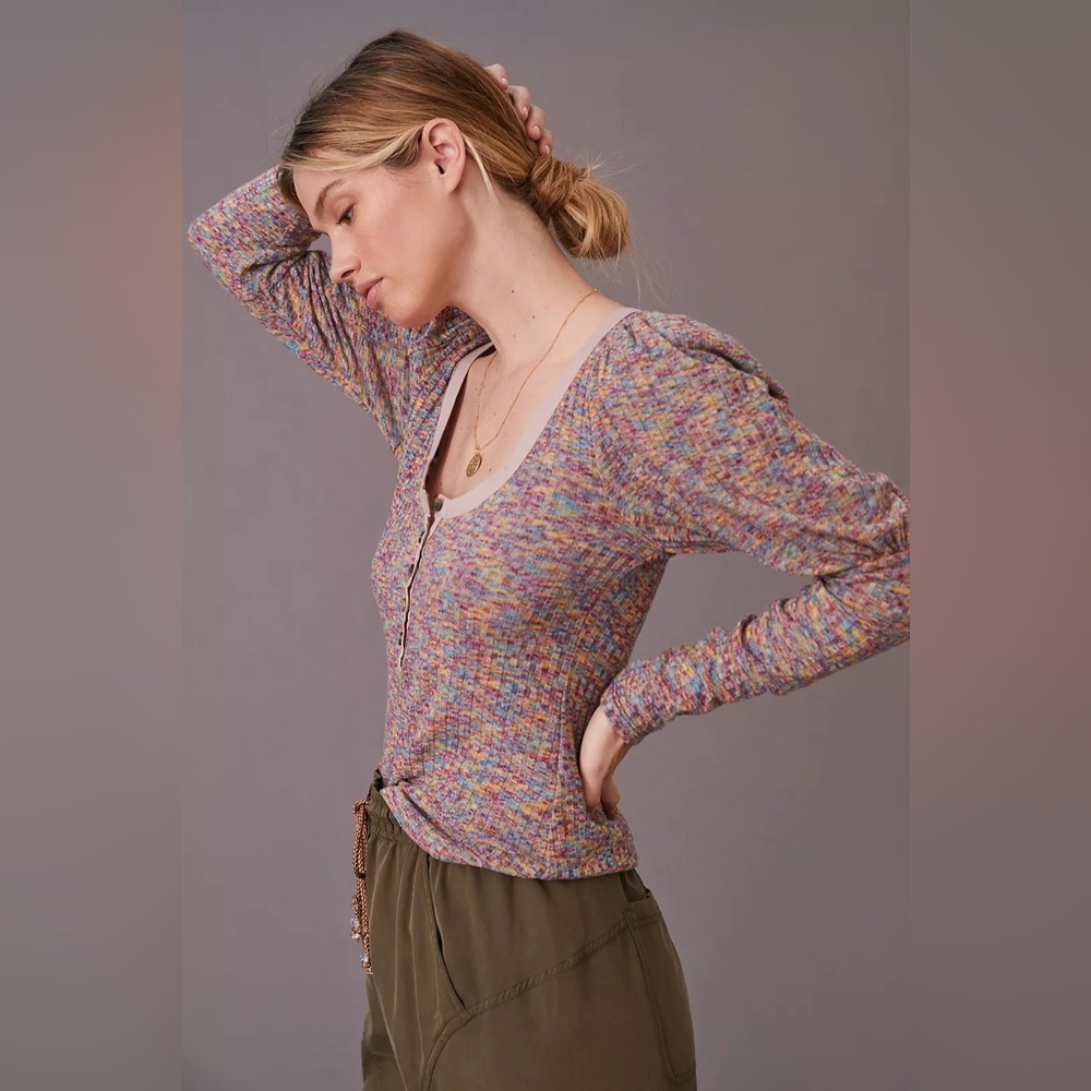 By Anthropologie Puff Sleeve Knit Henley Top Sz Small Preowned - Picture 3 of 9